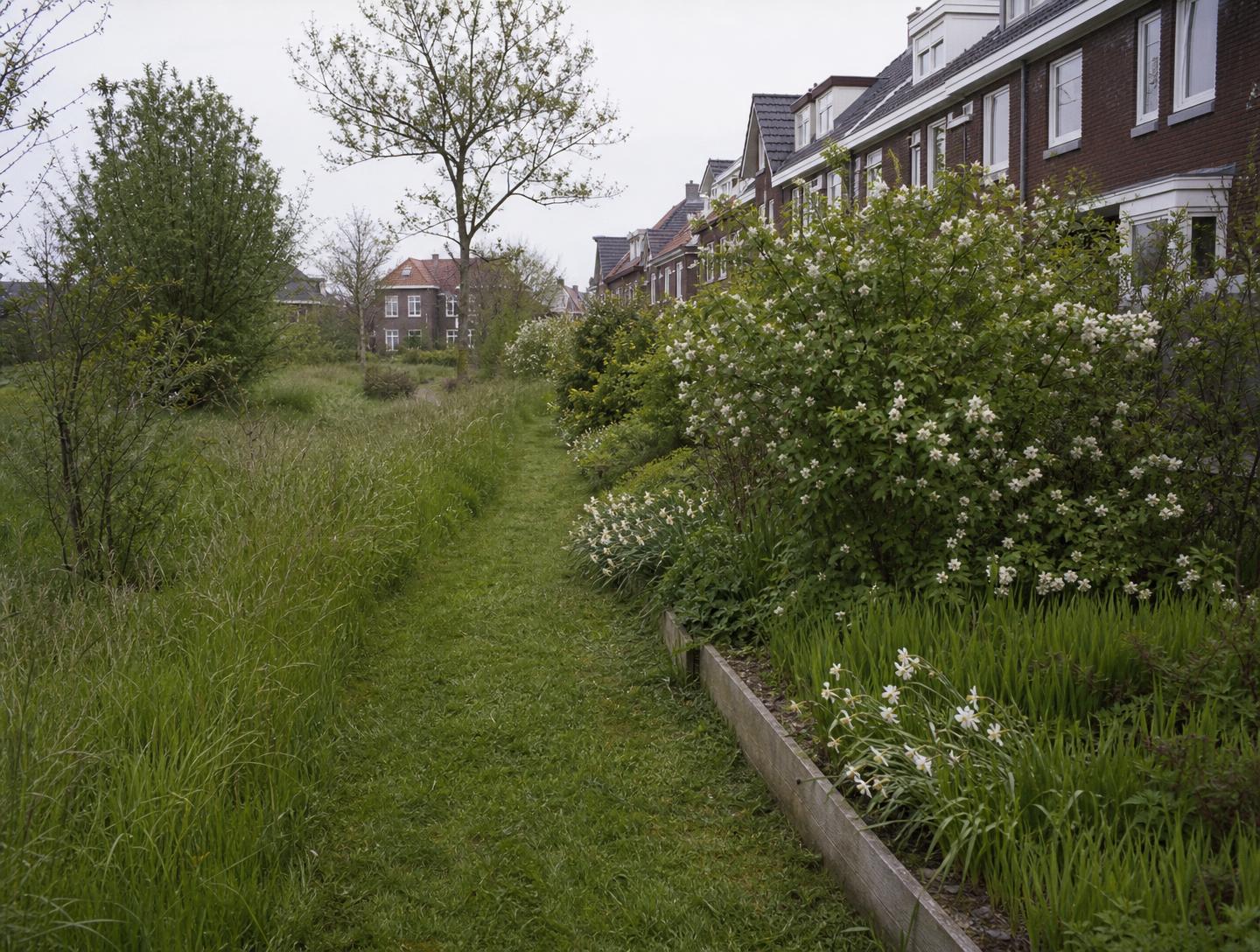 Buurtgroen met bloemrijk gras en heesters