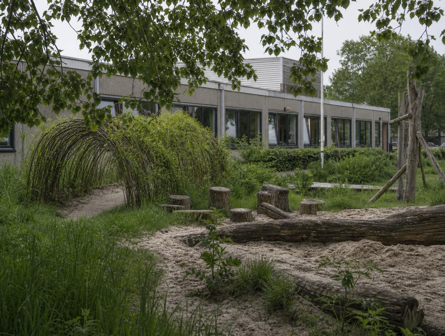 Groen schoolplein met natuurlijke speelelementen